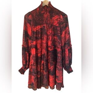 Elan Dress Mini Chiffon Mockneck Long Sleeve Size Small Red/black Lined